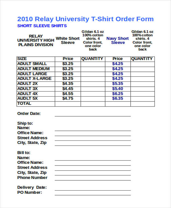 shirt order form template excel