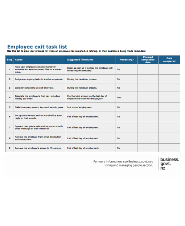 task list for employee exit