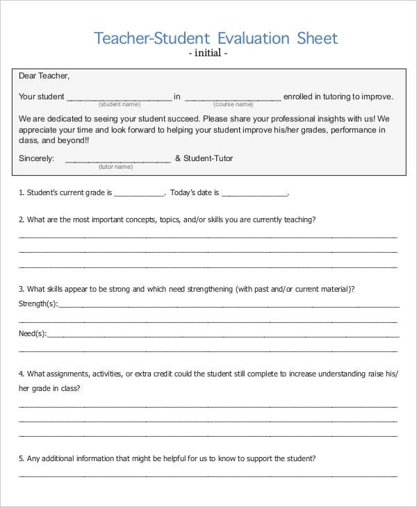 teacher evaluation sheet