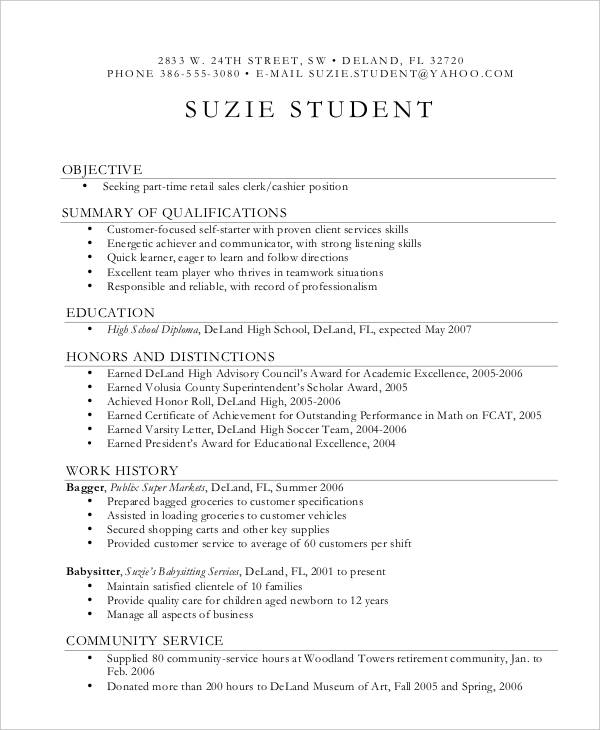 sample first time resume for high school student