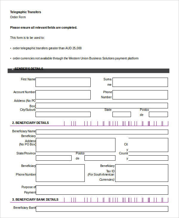 telegraphic transfers order form