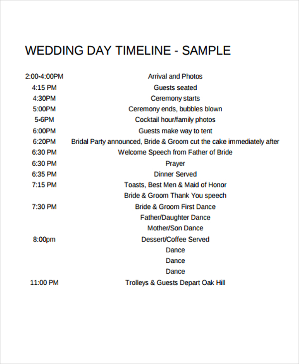 sample wedding timeline