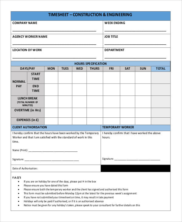 timesheet of construction industry