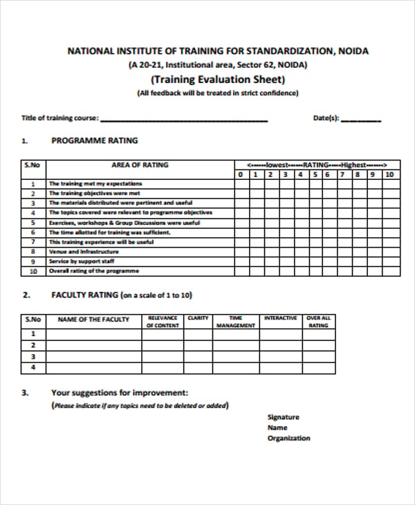 training evaluation sheet