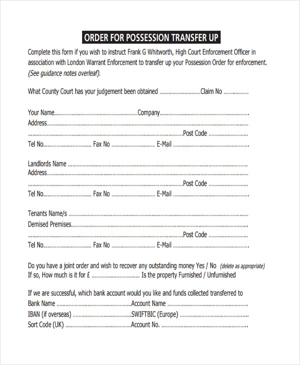 transfer up order form