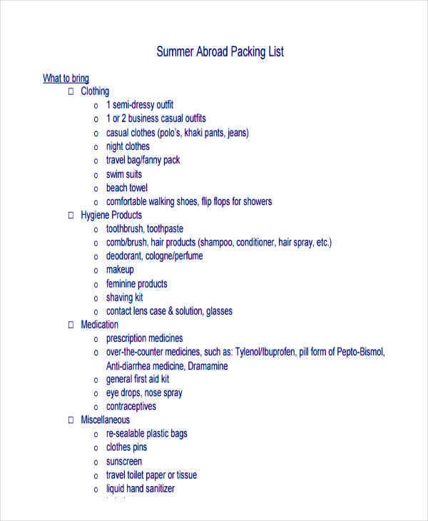travel abroad packing list