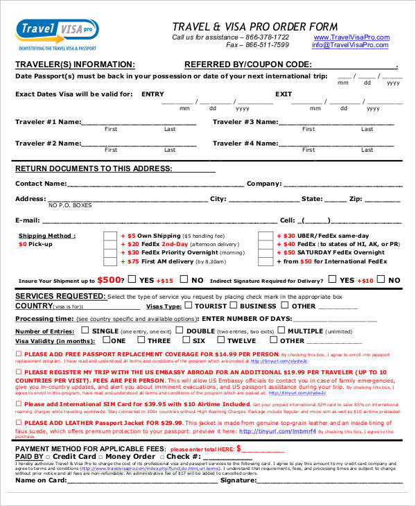 travel visa pro order form