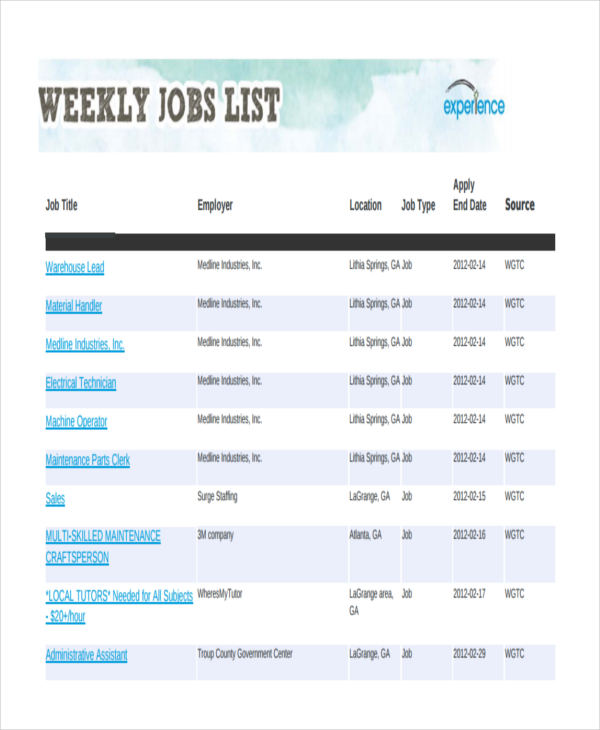 Job List Templates 6+ Free Word, PDF Format Download