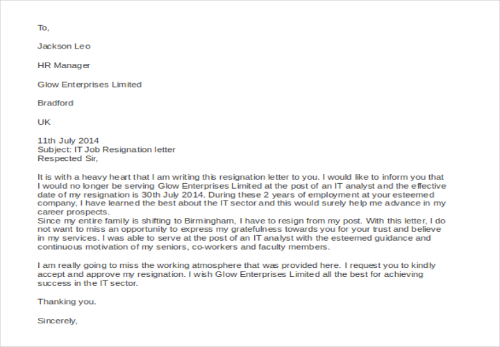 formal job resignation letter