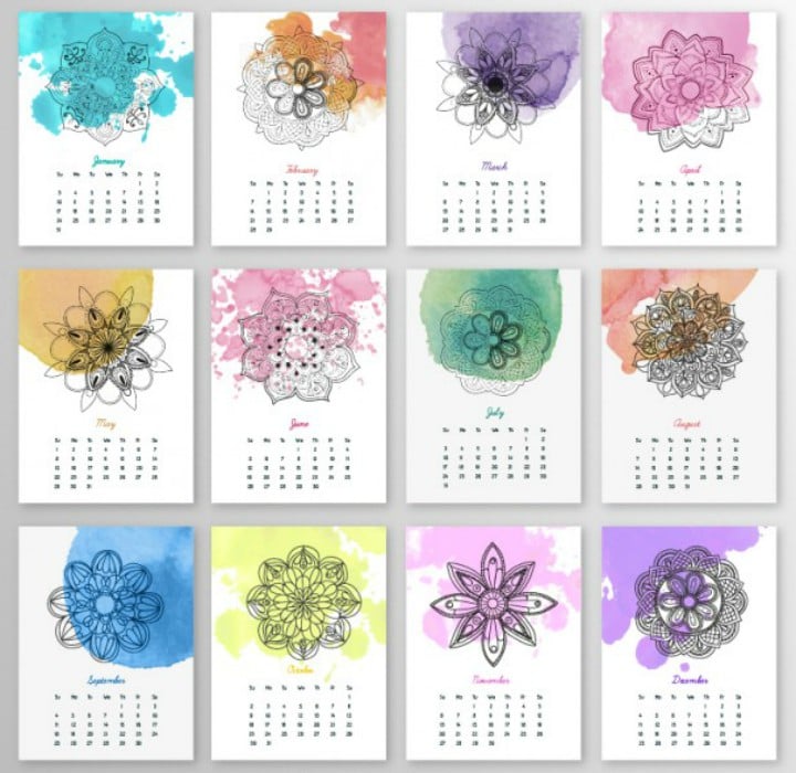 yearly calendar with mandalas and watercolor splashes