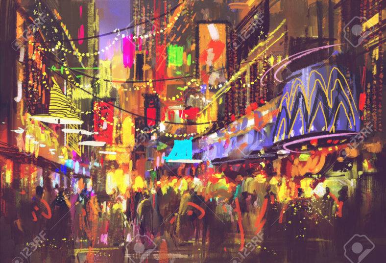 0366 people in city street with illumination and nightlife digital painting stock photo 788x