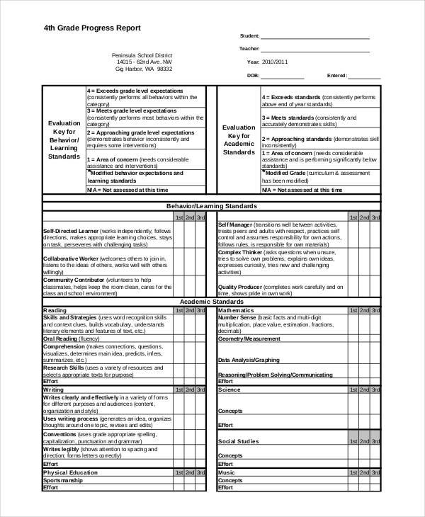 4th grade progress report template