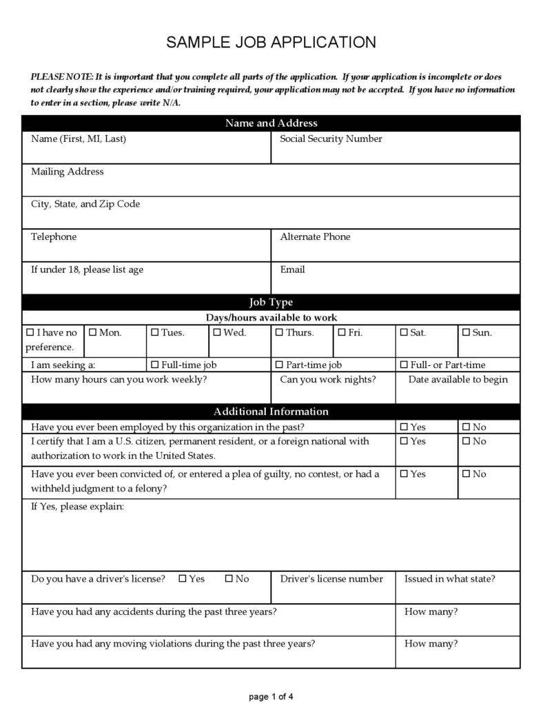 Blank printable job application form free