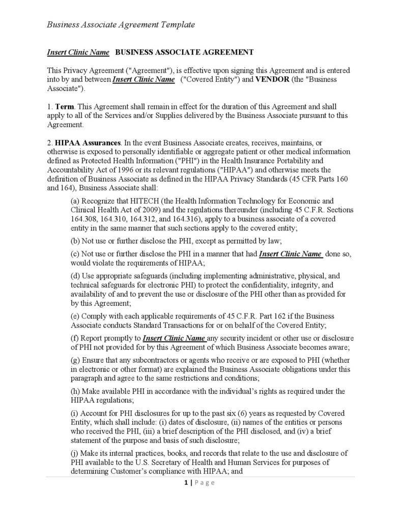 business associate agreement contract pdf download page 001 788x1020