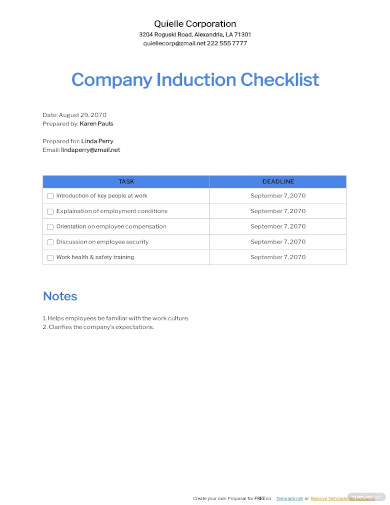 company induction checklist template