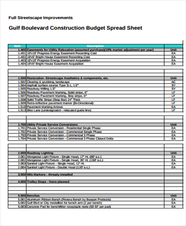 construction budget expense sheet