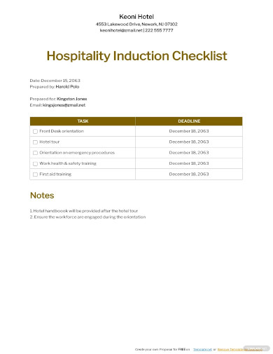 hospitality induction checklist template