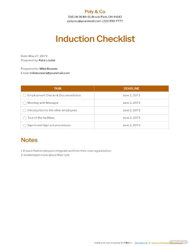 induction checklist sample