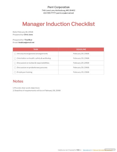 manager induction checklist template