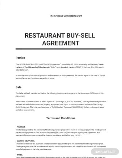 restaurant buy sell agreement template