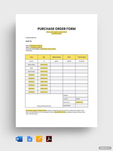 sample purchase order form template