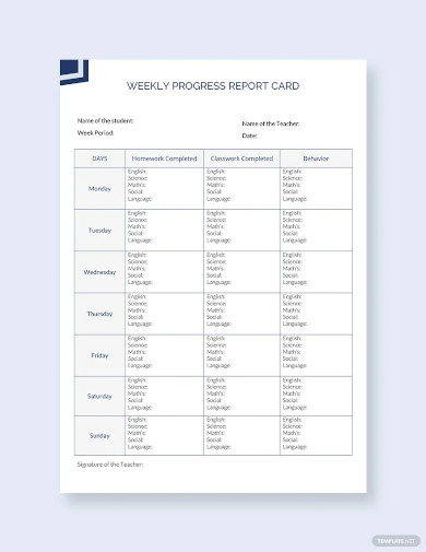 sample weekly progress report card template