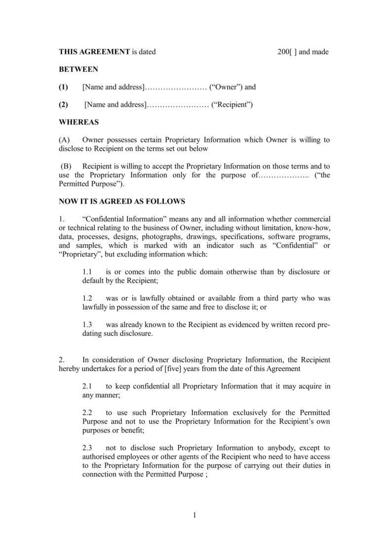 standard model non disclosure agreement form doc 1 788x
