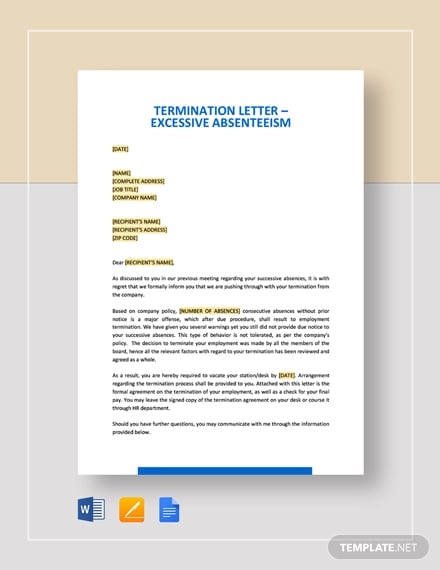 termination letter excessive absenteeism