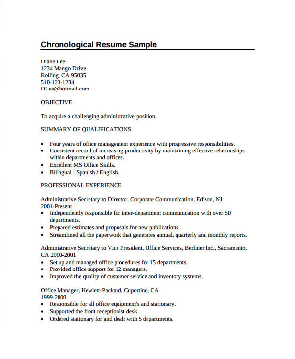 administrative chronological resume
