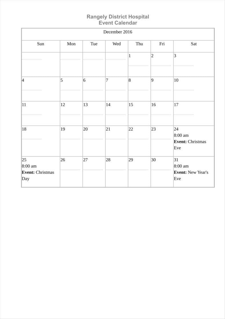 Sample Calendar Of Events The Document Template