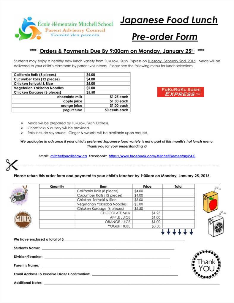 Food Order Form Template Free Download