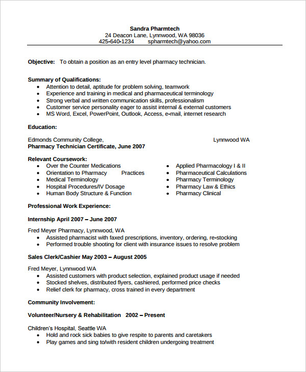 pharmacy technician chronological resume