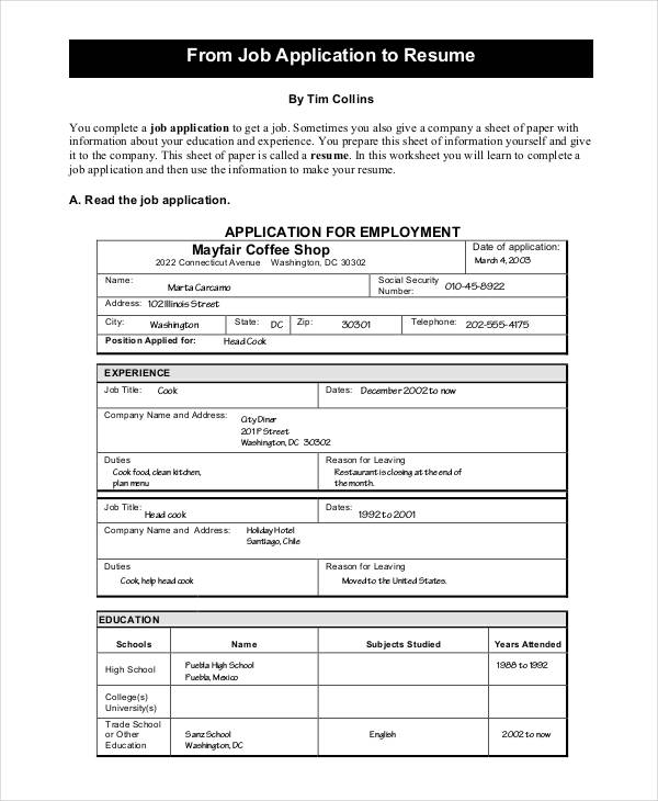printable job application resume