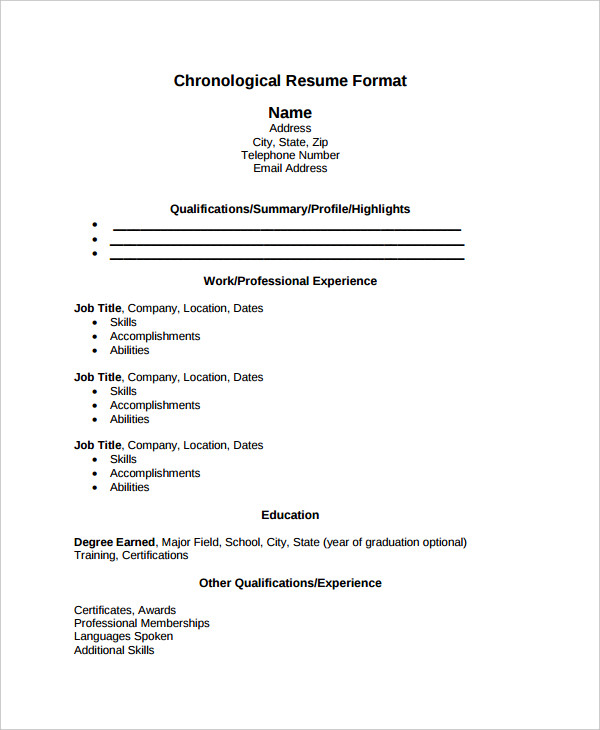 professional work experience chronological resume