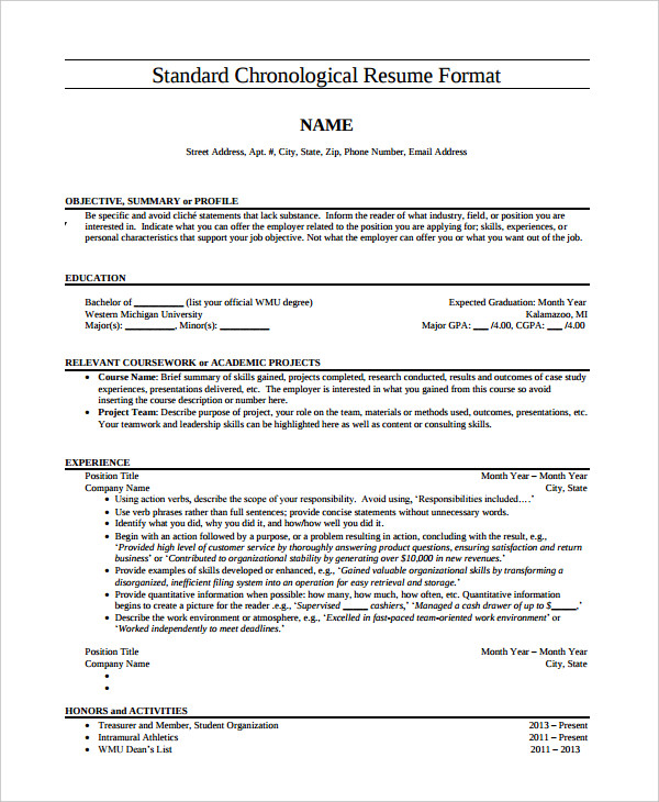 standard chronological resume format