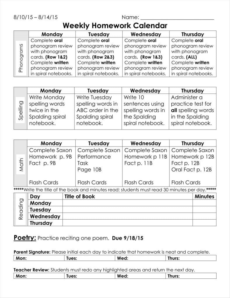 weekly homework calendar template 11 788x10