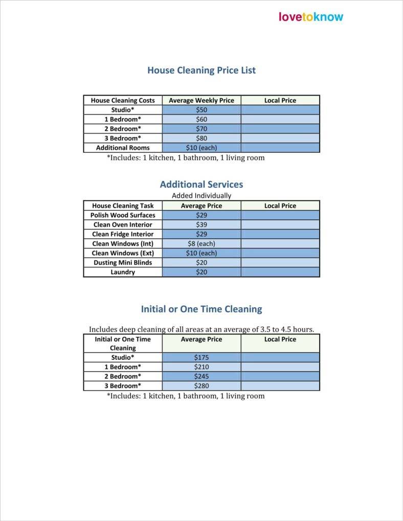 8 Cleaning Price List Templates Free Word PDF Excel