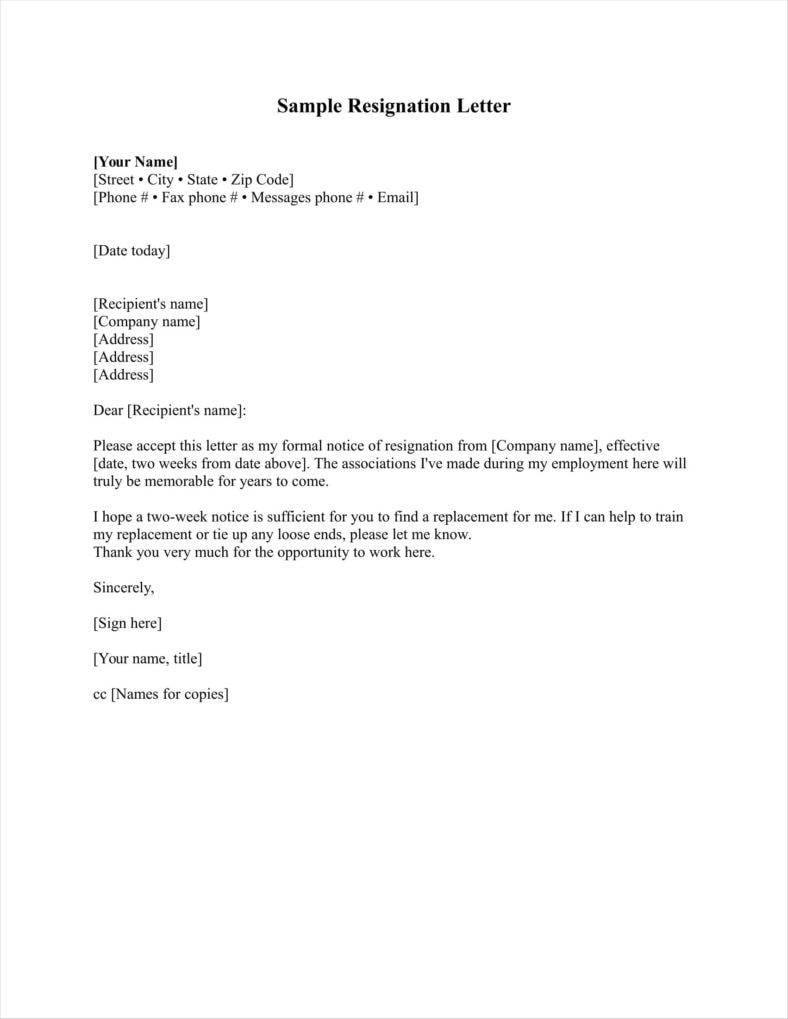 basic resignation letter with two weeks notice 11 788x10