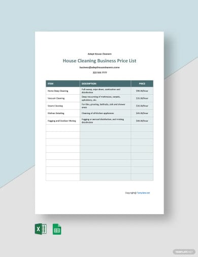cleaning business price list template