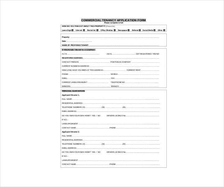 commercial tenant lease application form