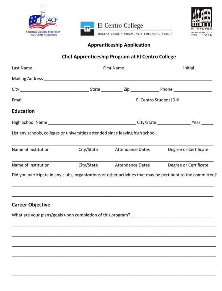 culinary apprenticeship application form