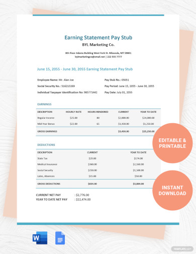 earning statement pay stub template