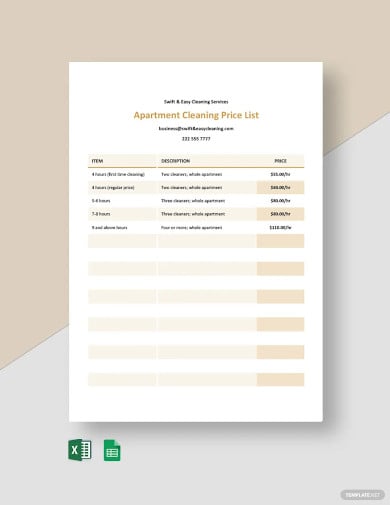 free apartment cleaning price list template