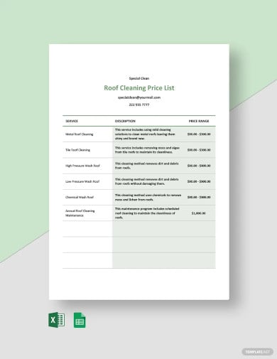 free roof cleaning price list template