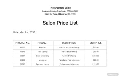 free salon price list template