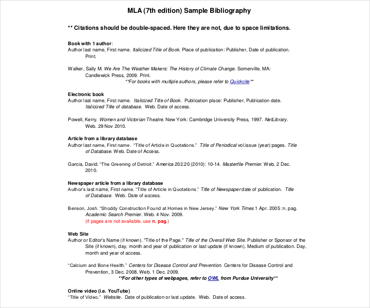 free sample mla bibliography 7th edition