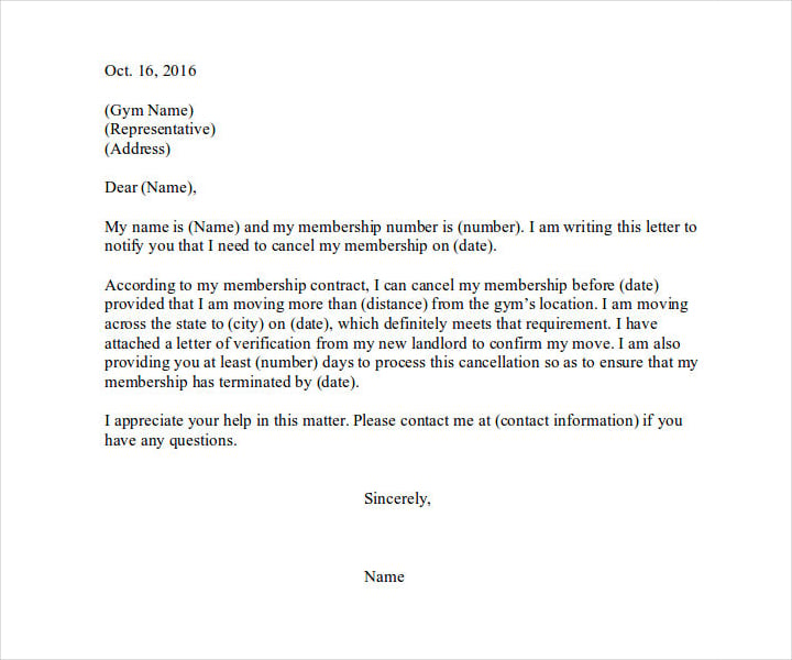 gym membership termination letter