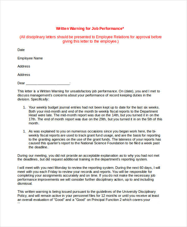 letters reprimand sample employees First Second and   Free Templates 9 Warning Letter  PDF