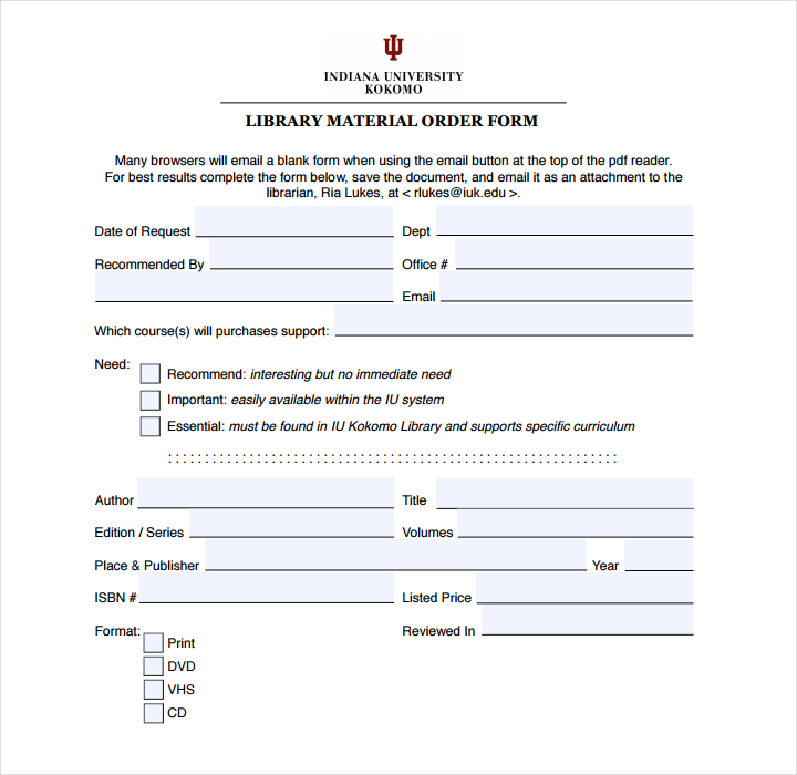 library material order form