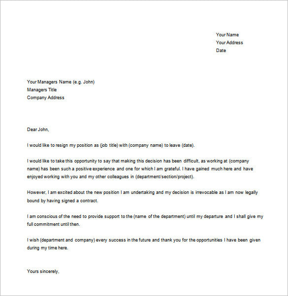 short and sweet resignation letter